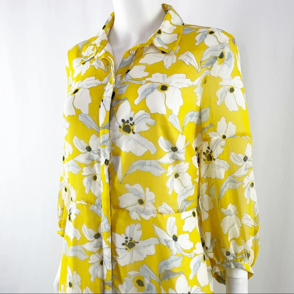 Banana Republic Size 8 Yellow Floral Long Sleeve Hi-Lo Ruffle Maxi Dress - Picture 4 of 10